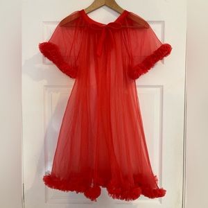 Sheer vintage robe with ruffles and bow - red